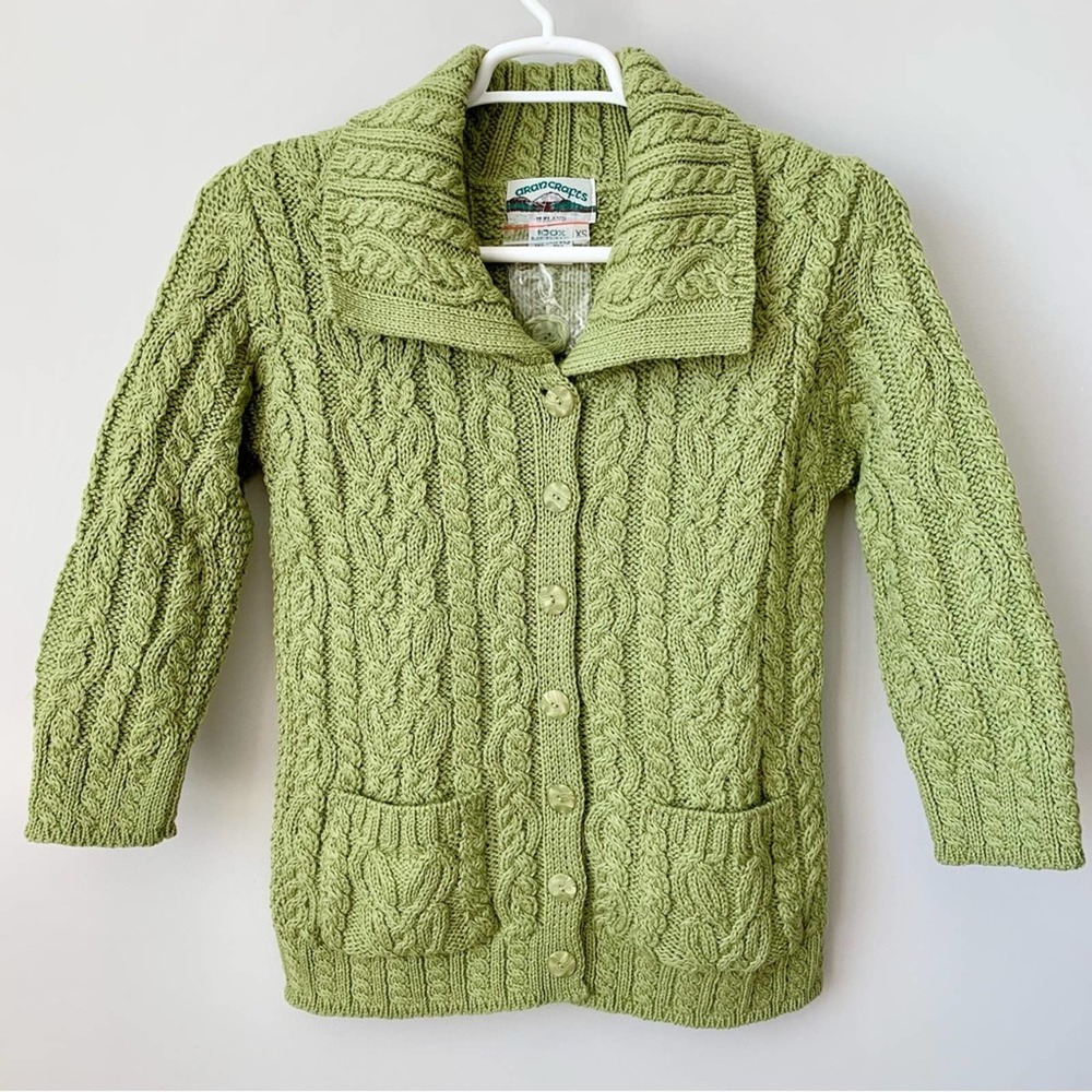 NEW Aran Crafts Fisherman 100% Merino Wool Irish Cardigan Sweater NWOT Green